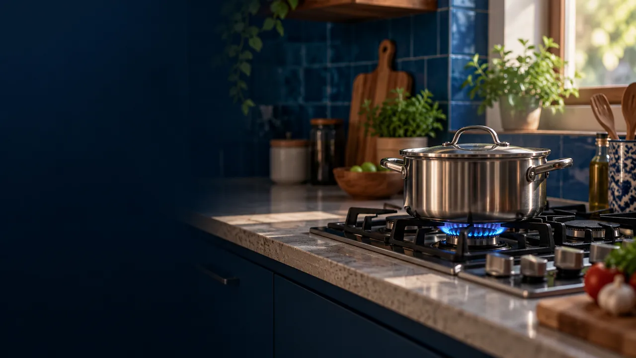 Panela sobre uma chama azul em uma cozinha, em imagem ilustrativa